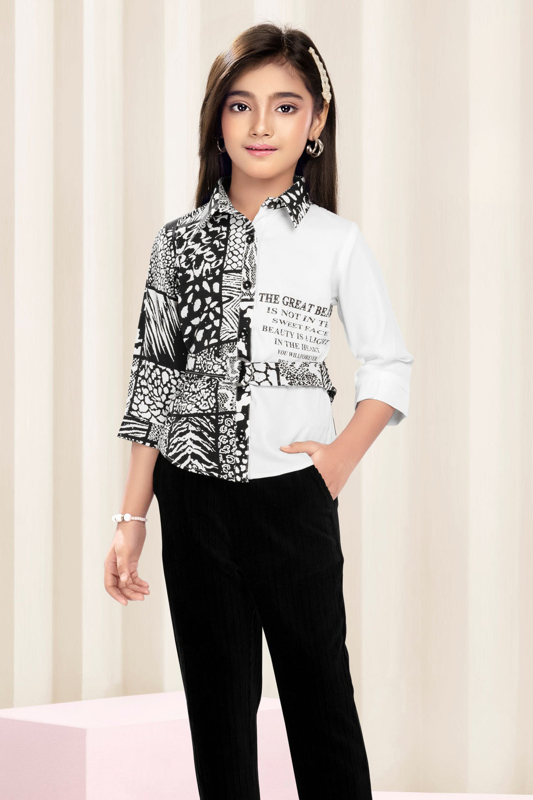 Black with White Printed Top and Pant Set for Girls