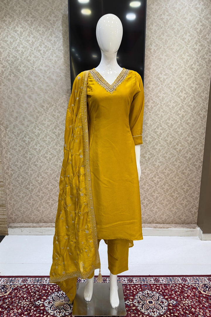 Mustard Beads, Pearl, Zardozi, Stone, Zari and Sequins work A-line Cut Salwar Suit