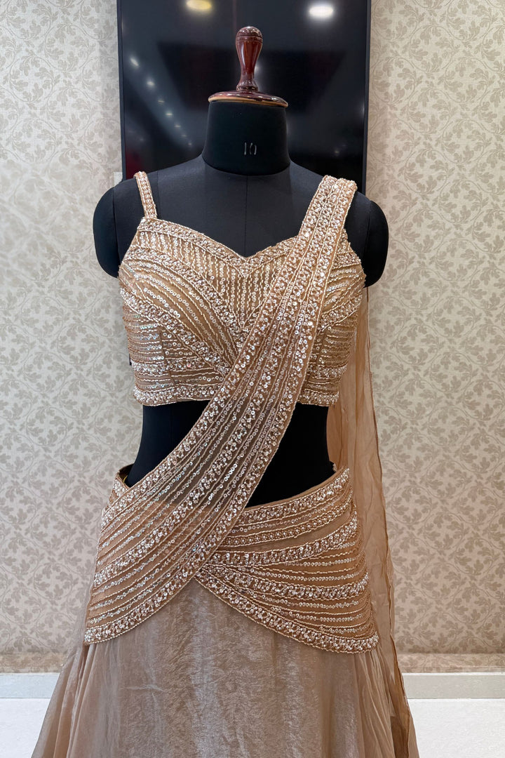 Champagne Gold Beads and Sequins work Draped Half Saree Lehenga Set