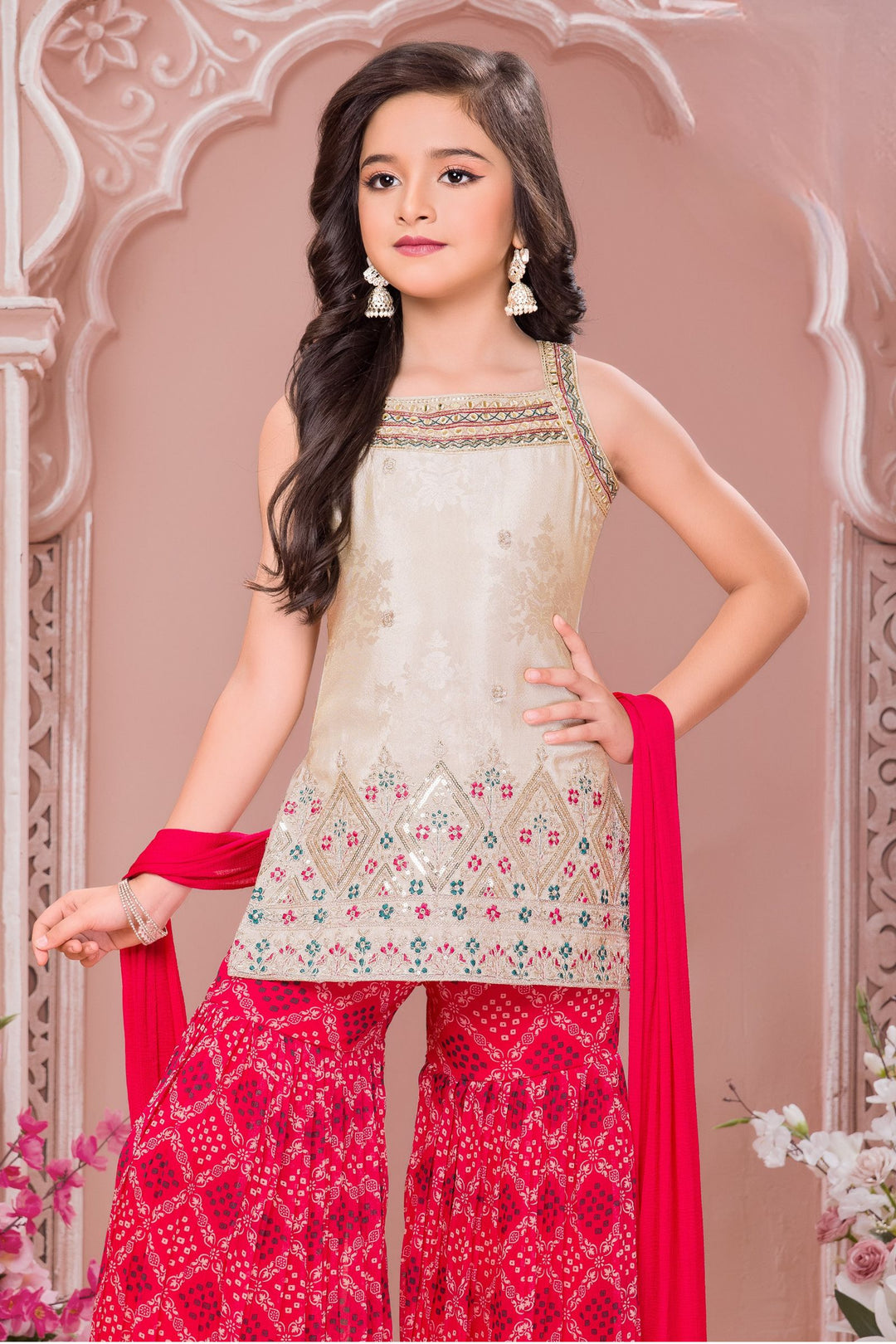 Cream with Pink Mirror, Zari and Thread work with Digital Print Sharara Suit Set for Girls