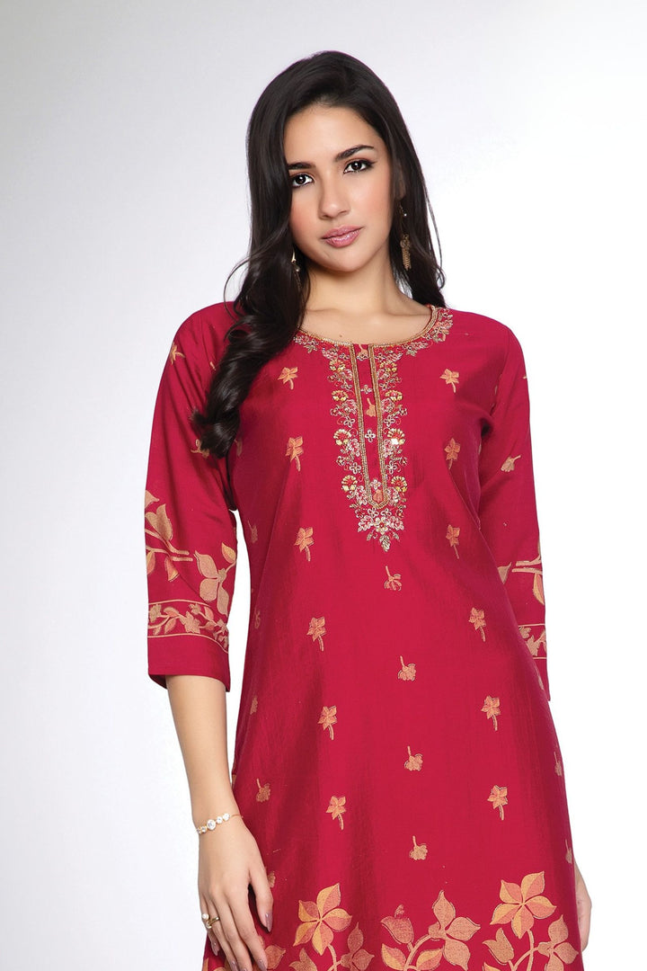 Red Mirror, Sequins and Beads work with Digital Print Calf Length Kurti