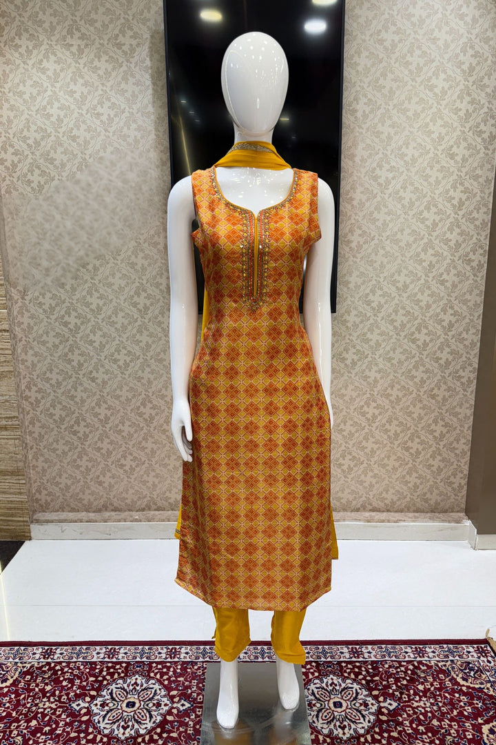 Yellow Beads, Stone, Mirror, Zardozi and Thread work with Digital Print Straight Cut Salwar Suit