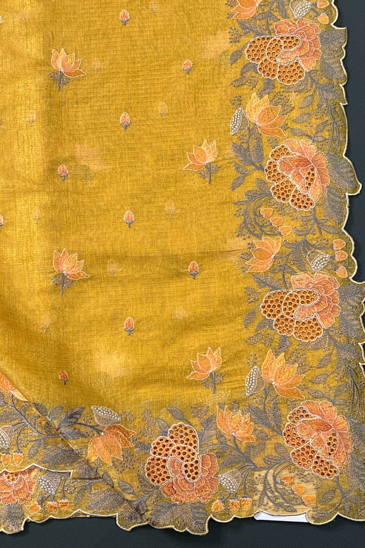 Yellow Tissue Saree with Cutwork and Floral Embroidery work