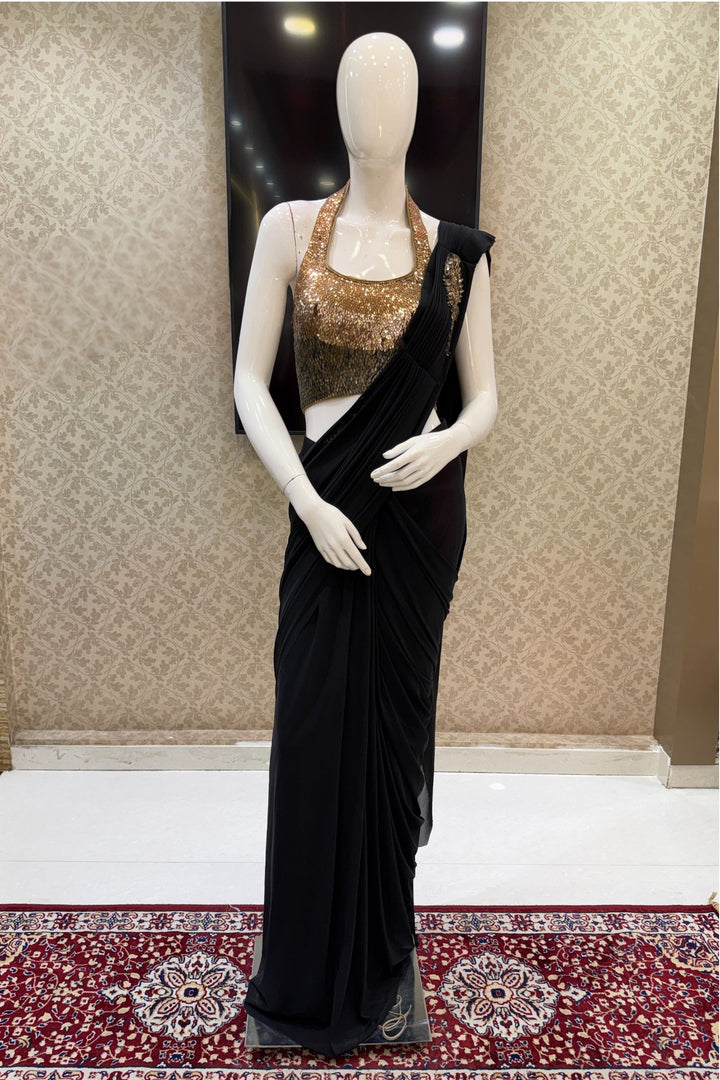 Black Readymade Saree with Sequins work Readymade Blouse