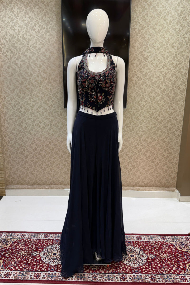 Navy Blue Beads, Sequins and Multicolor Embroidery work Palazzo Suit Set