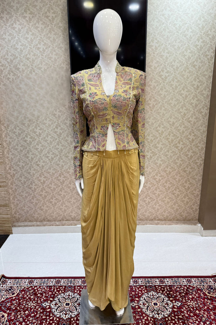 Green Beads, Zari and Sequins work with Floral Print Crop Top and Cowl Skirt