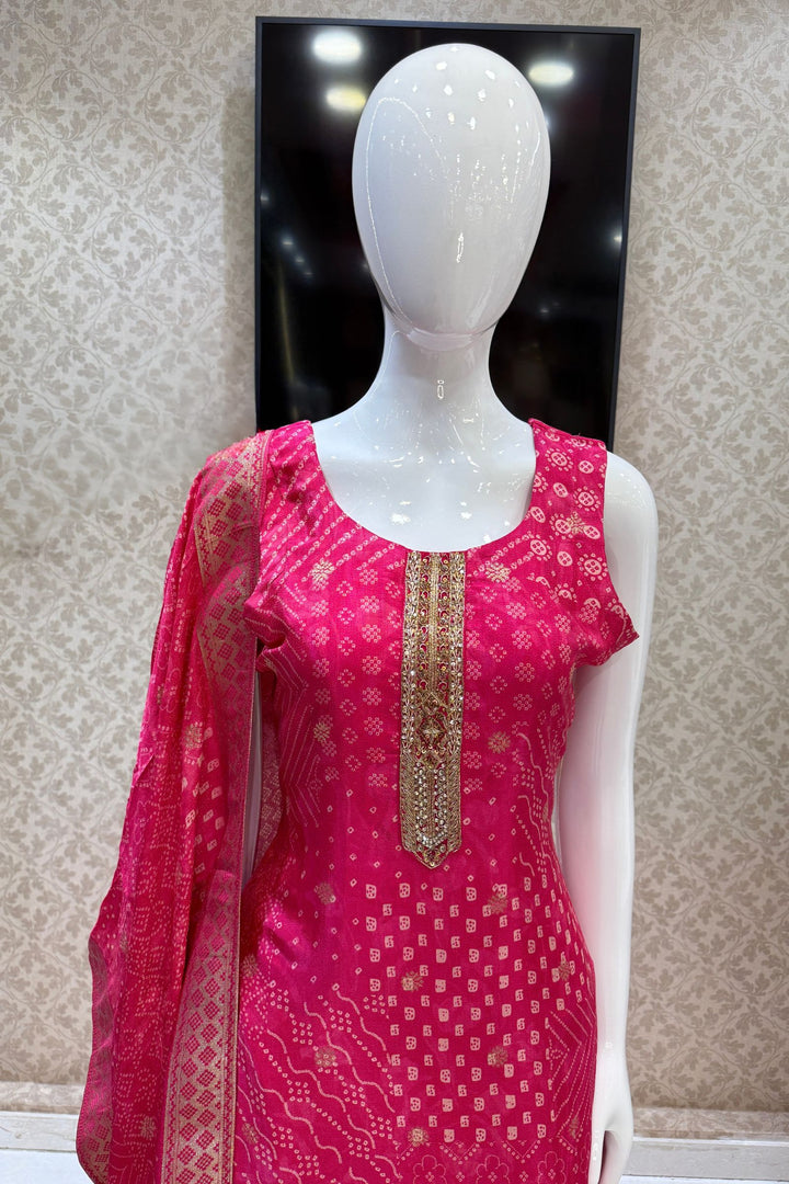 Rani Pink Banaras and Zari Weaving work with Bandini Print Straight Cut Salwar Suit