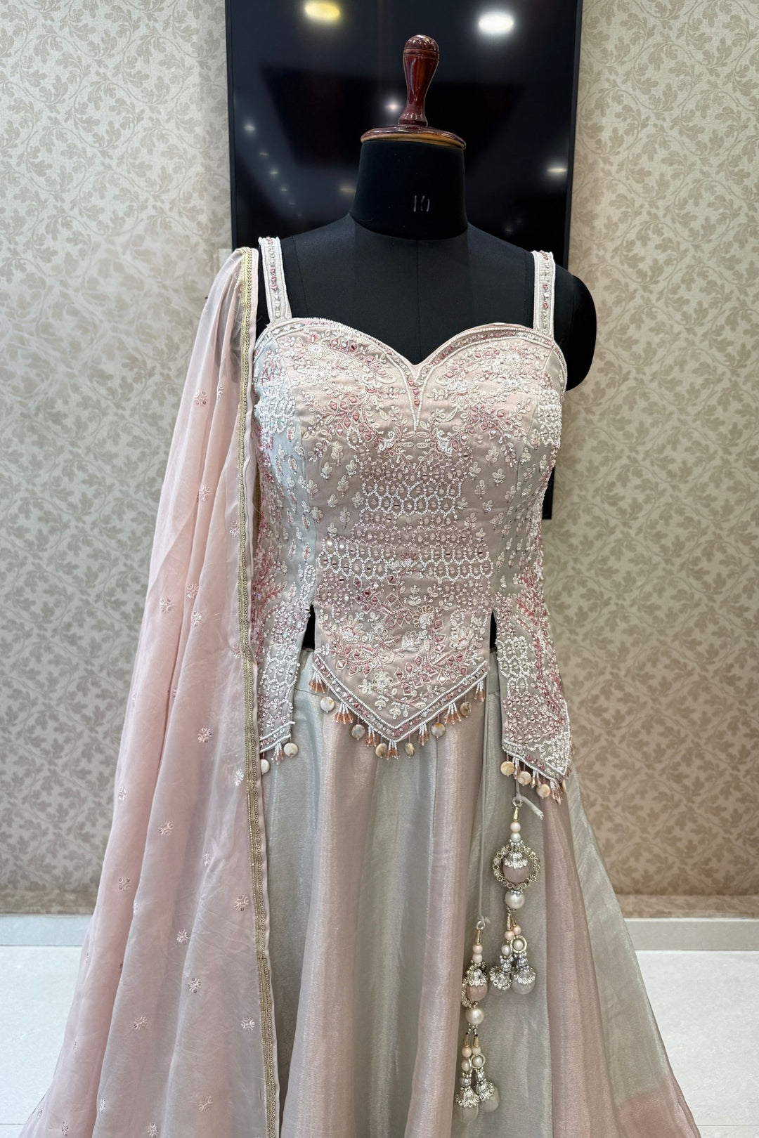 Grey with Peach Beads, Mirror, Stone, Sequins and Thread work Peplum Style Lehenga