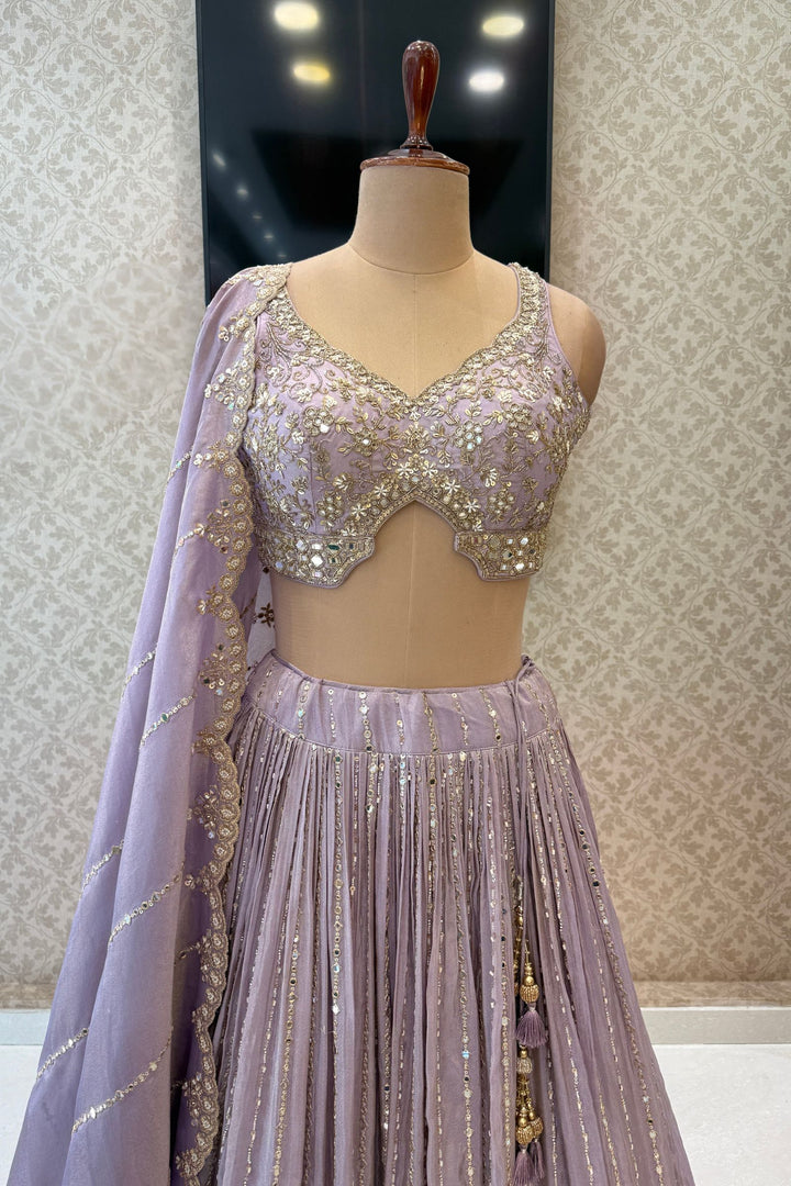 Pastel Lavender Sequins, Zardozi, Beads and Mirror Work Designer Lehenga