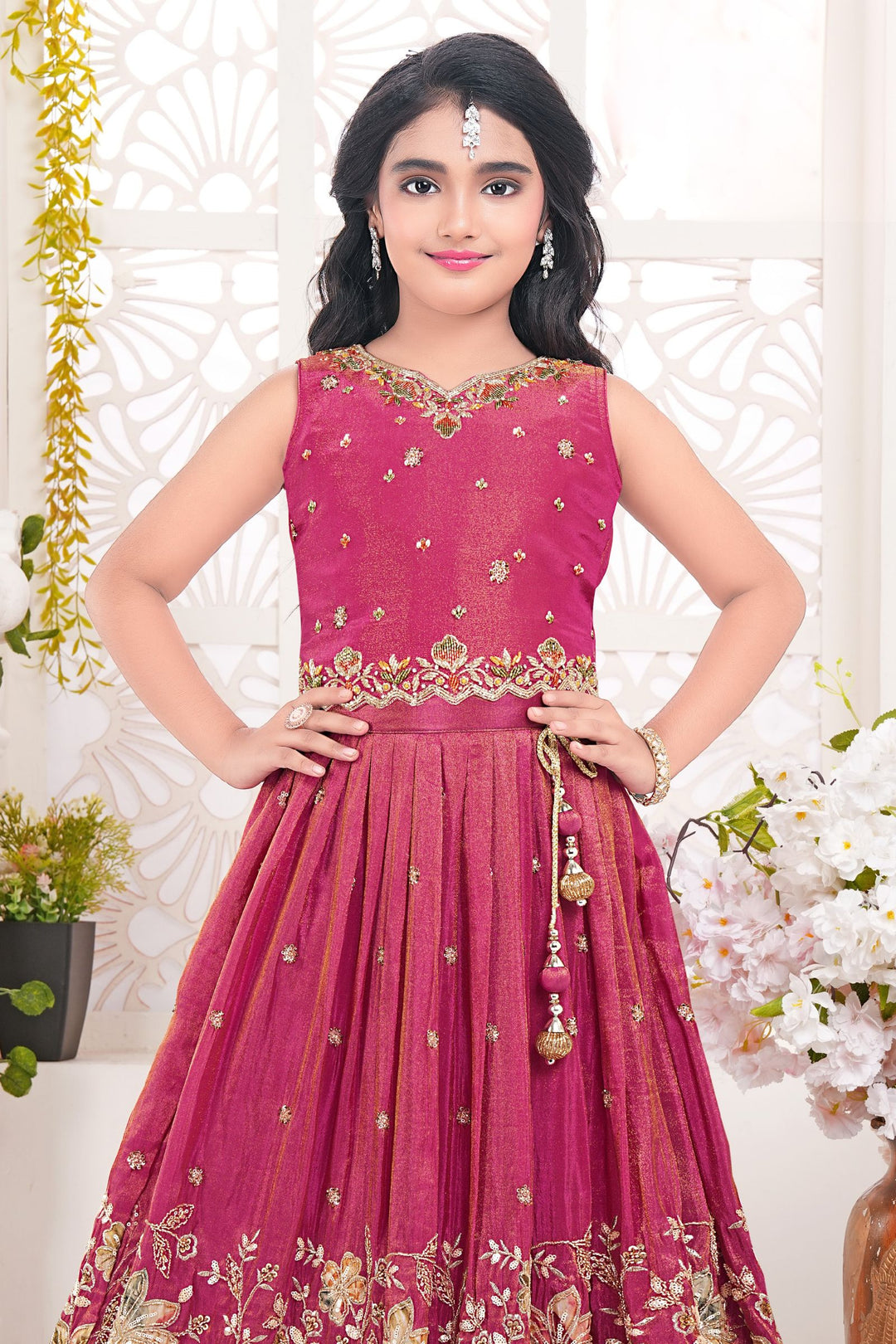 Rani Pink Sequins, Beads and Stone work with Floral Print Lehenga Choli for Girls