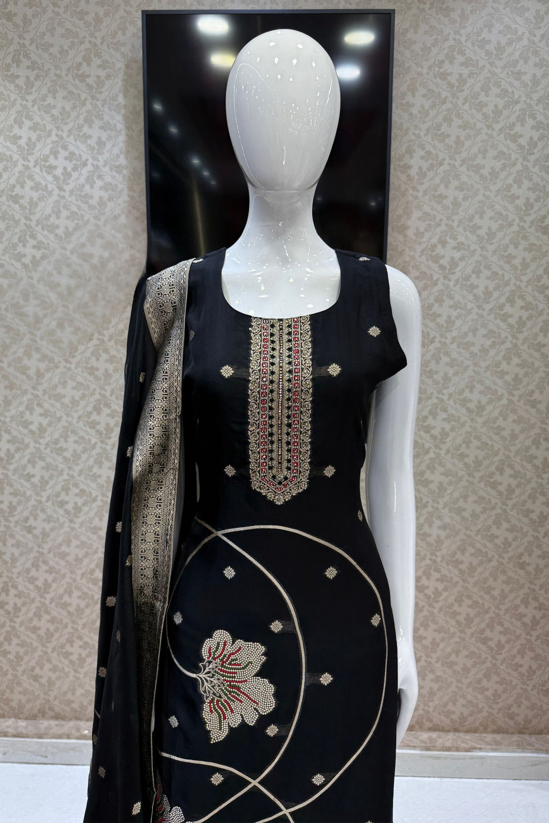 Black Banaras, Beads and Sequins work Straight Cut Salwar Suit