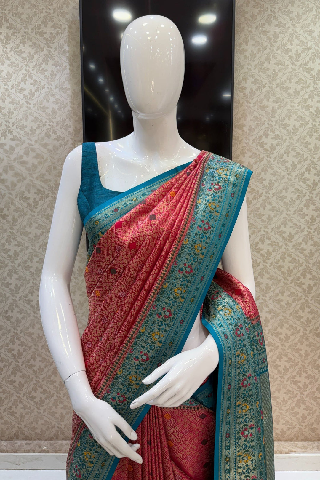 Rani Pink with Rama Blue Banaras work Saree