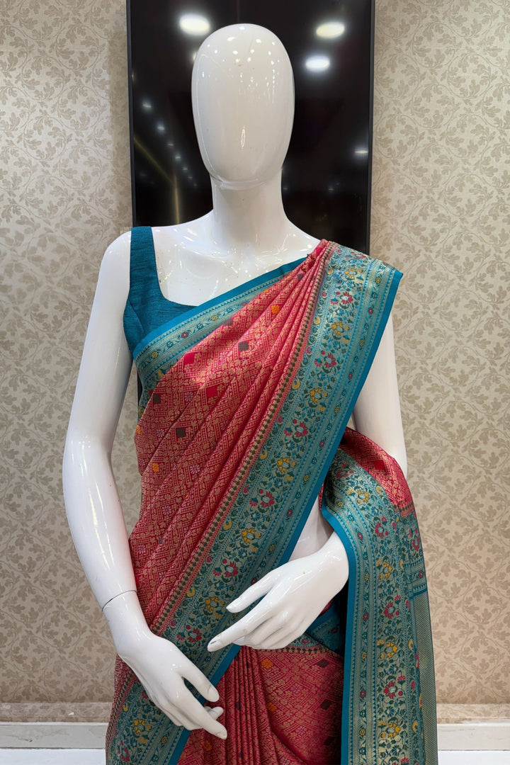 Rani Pink with Rama Blue Banaras work Saree