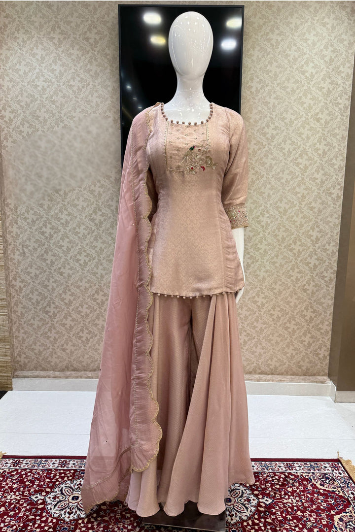 Onion Pink Brocade, Zardozi, Sequins and Thread work Palazzo Salwar Suit