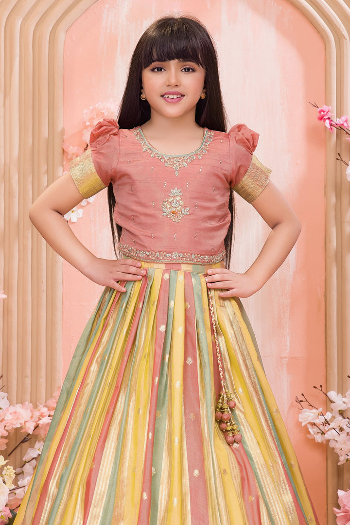 Peach Zardozi, Stone and Zari work with Multicolor Lehenga Choli for Girls