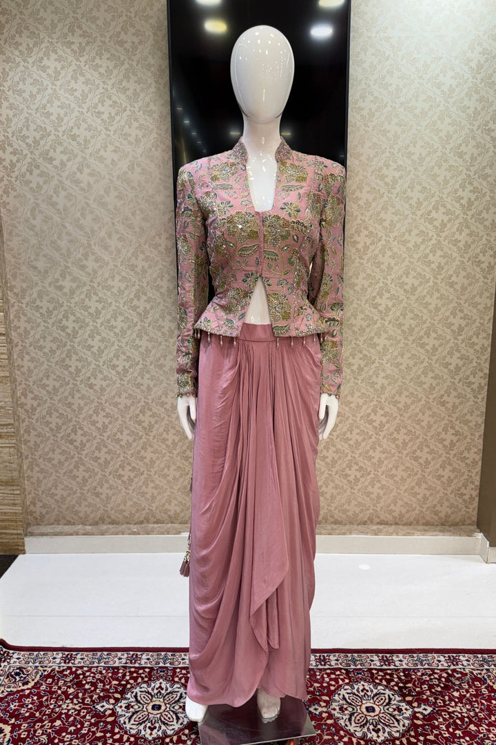 Onion Pink Beads, Zari and Sequins work with Floral Print Crop Top and Cowl Skirt