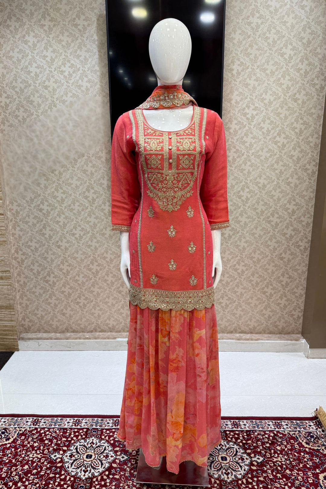 Tomato Red Zari and Sequins work with Digital Print Palazzo Salwar Suit