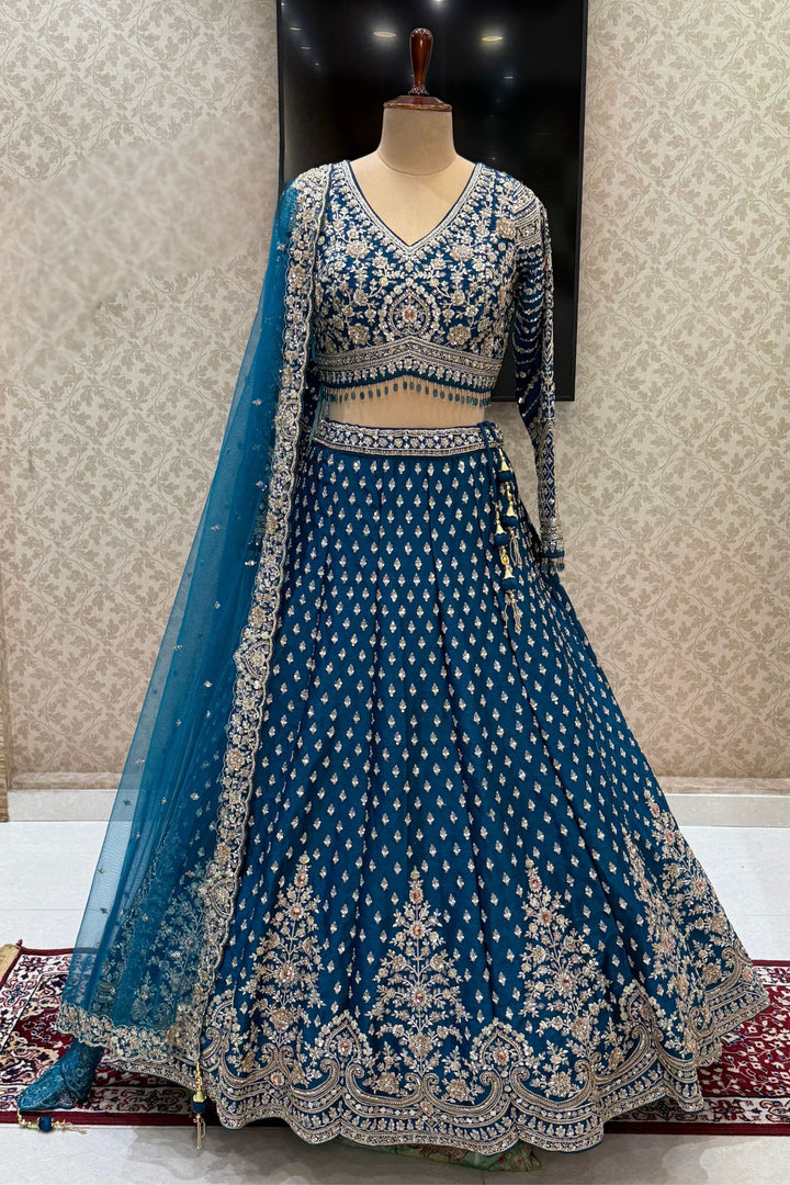 Designer Wedding Lehenga in Peacock Blue with Beads, Zari and Sequins Work