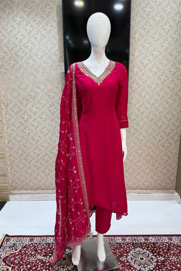 Rani Pink Beads, Pearl, Zardozi, Stone, Zari and Sequins work Aline Cut Salwar Suit