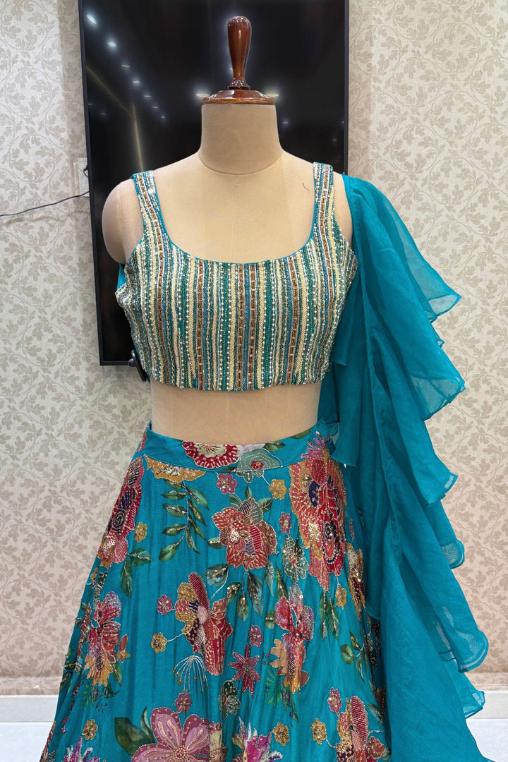 Rama Green Beads, Zardozi, Sequins, Stone and Zari work with Floral Print Lehenga Set