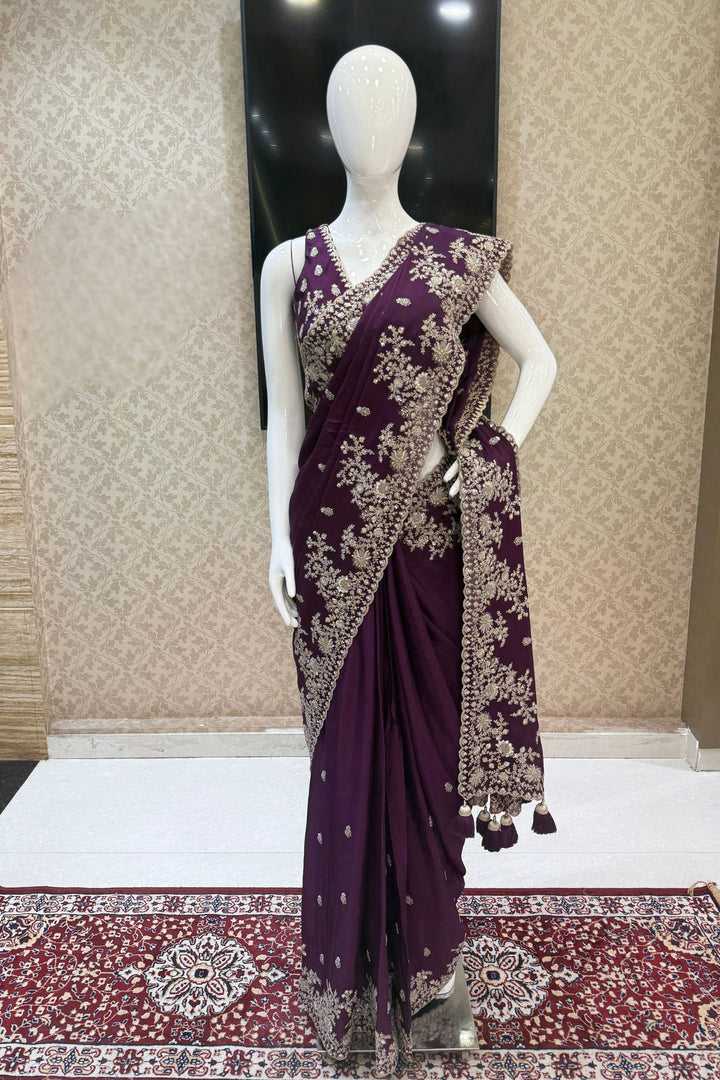 Purple Zari and Sequins work Saree