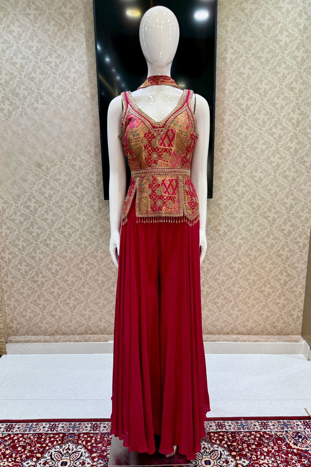 Rani Pink Brocade, Beads, Zardozi, Stone, Zari and Sequins work Palazzo Set