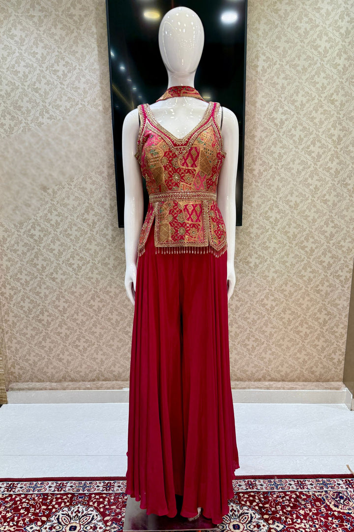 Rani Pink Brocade, Beads, Zardozi, Stone, Zari and Sequins work Palazzo Set