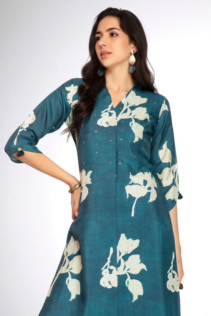 Rama Blue Stone work with Floral Print Calf Length Kurti