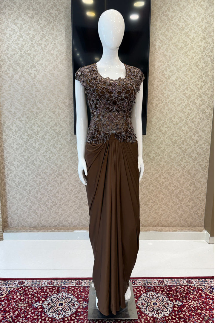 Brown Indo-Western Styled Beads and Sequins work Top and Cowl Skirt