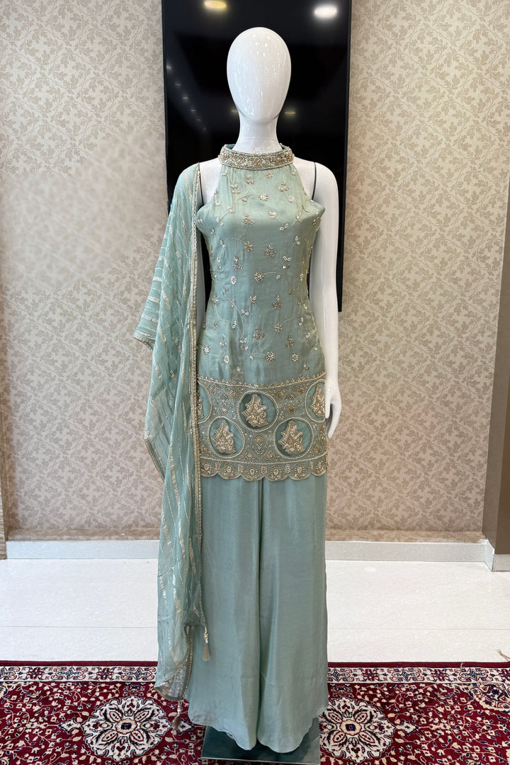 Sea Green Zari, Sequins and Beads work Palazzo Salwar Suit
