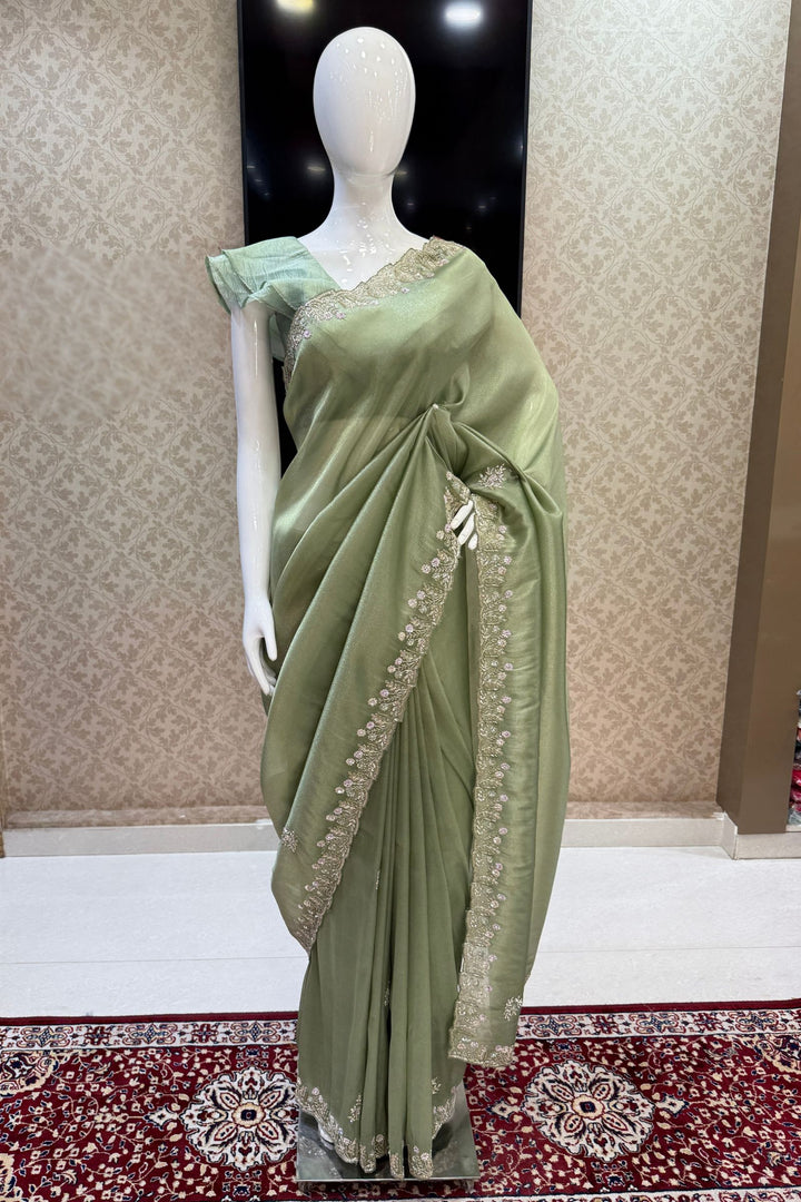 Pista Green Stone, Sequins, Zardozi and Beads work Saree