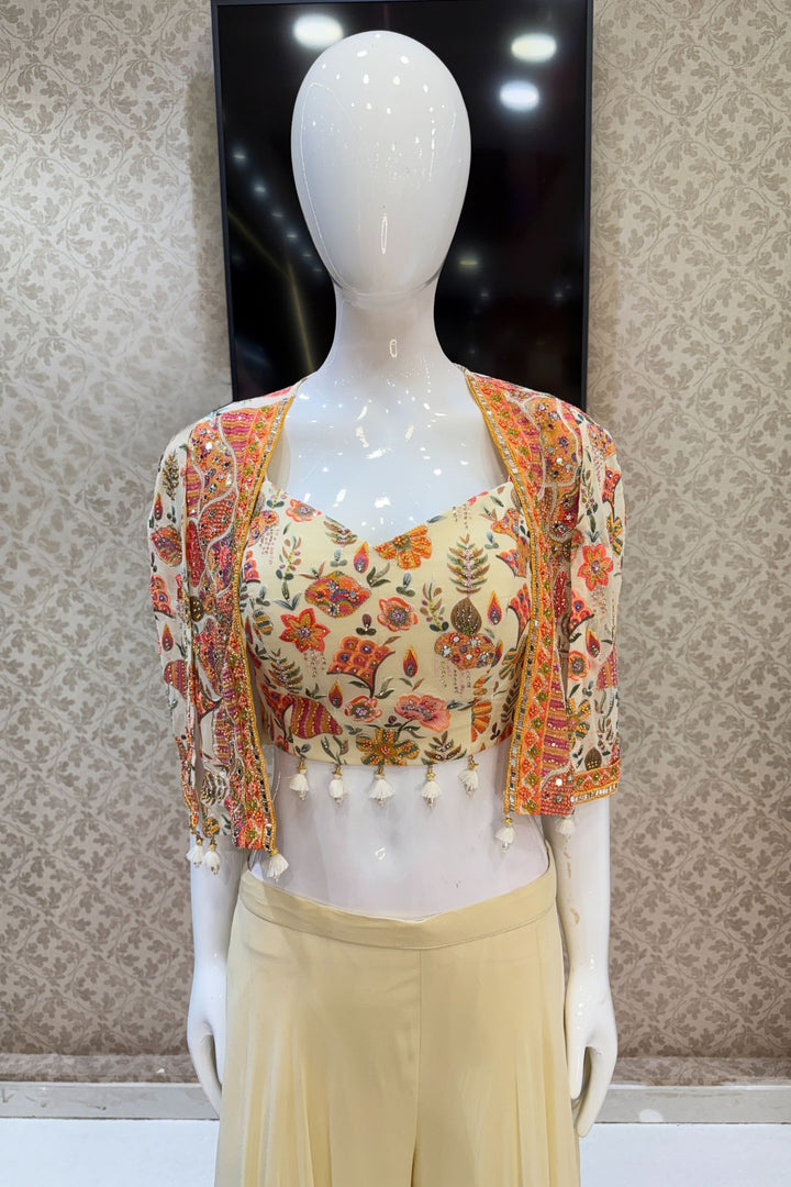 Cream Beads and Multicolor Thread work Crop Top with Overcoat Styled Palazzo Suit Set