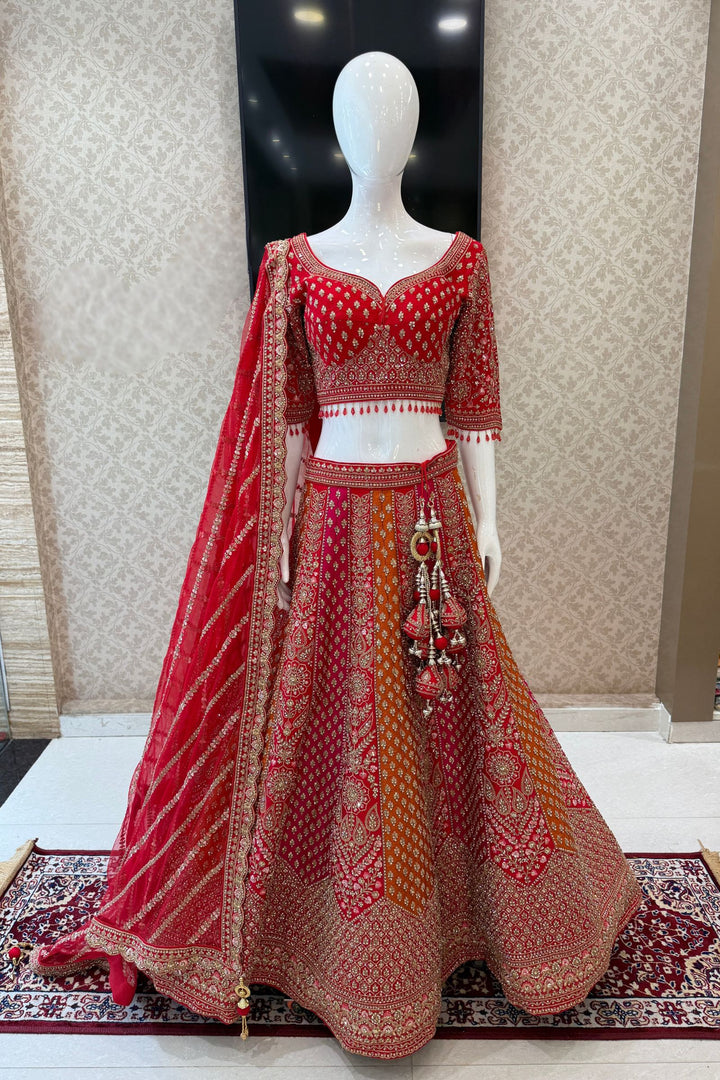 Red Zari, Stone and Embroidery work Crop Top Designer Bridal Multicolor Lehenga