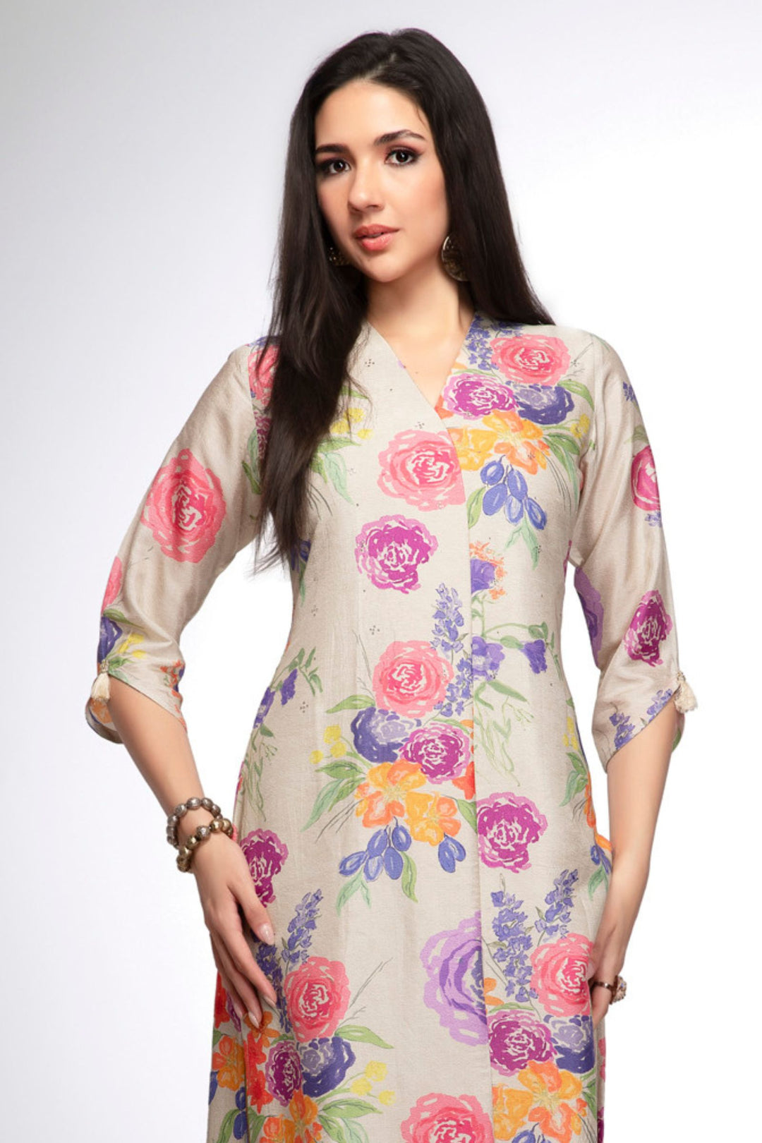 Beige Stone work with Multicolor Digital Print A-line Cut Calf Length Kurti