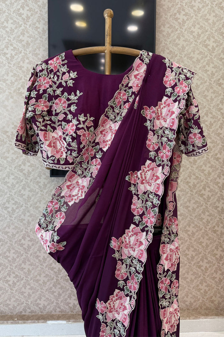 Wine Saree with Exquisite Floral Thread, Sequin and Bead Embellishments