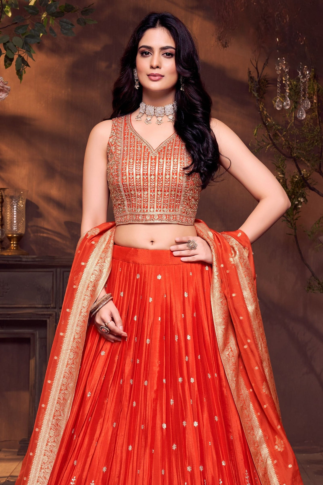 Orange Sequins, Beads, Stone and Zari work Crop Top Lehenga