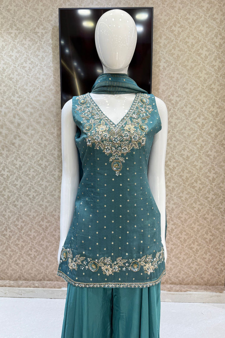 Rama Blue Banaras Zari, Beads, Sequins, Mirror, Stone and Zardozi work Palazzo Salwar Suit