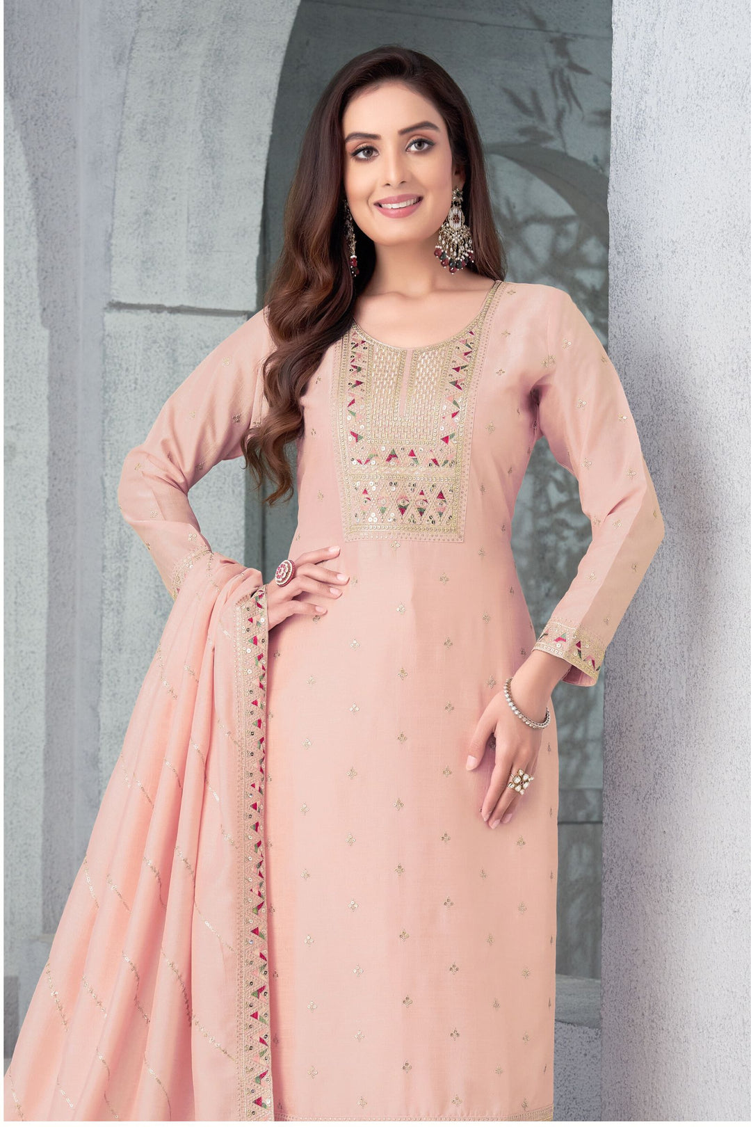 Peach Sequins, Zari and Multicolor Thread work Straight Cut Salwar Suit