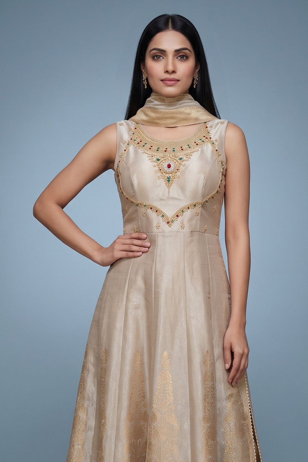 Silver Grey Zardozi, Beads and Sequins work Nyra Cut Salwar Suit with Palazzo Pant