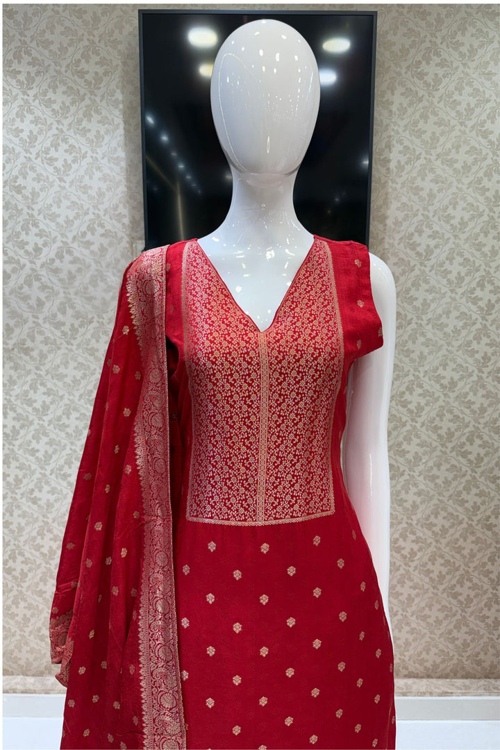 Red Banaras work V-Neck Straight Cut Salwar Suit