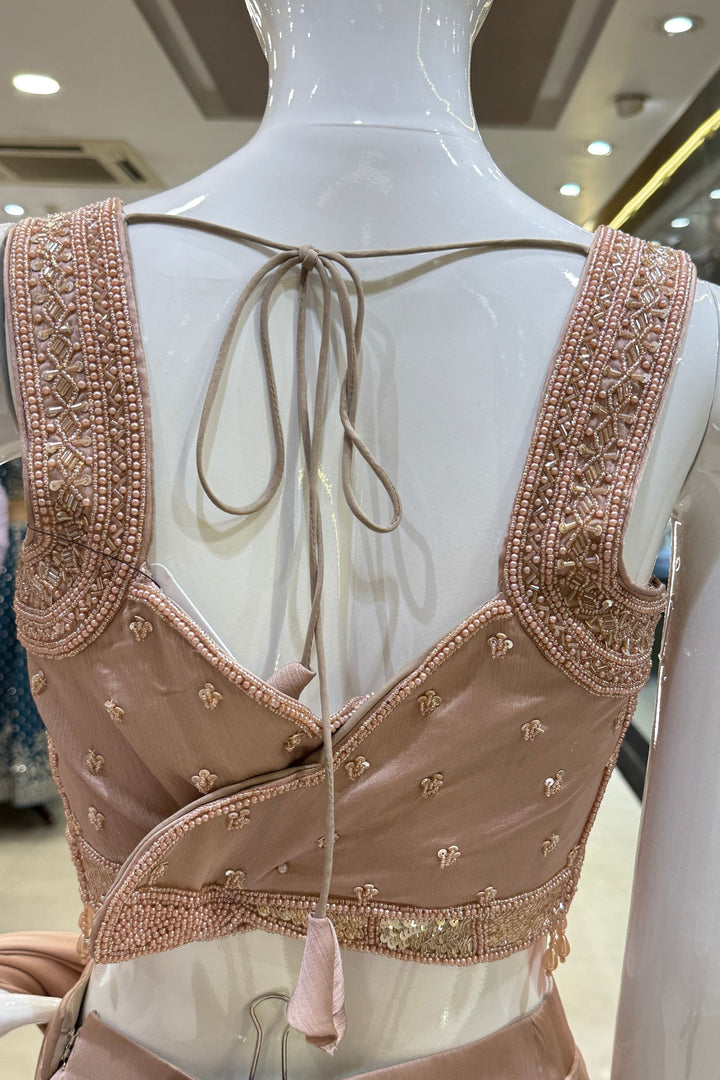 Champagne Gold Beads and Sequins work Indo-Western Styled Readymade Saree