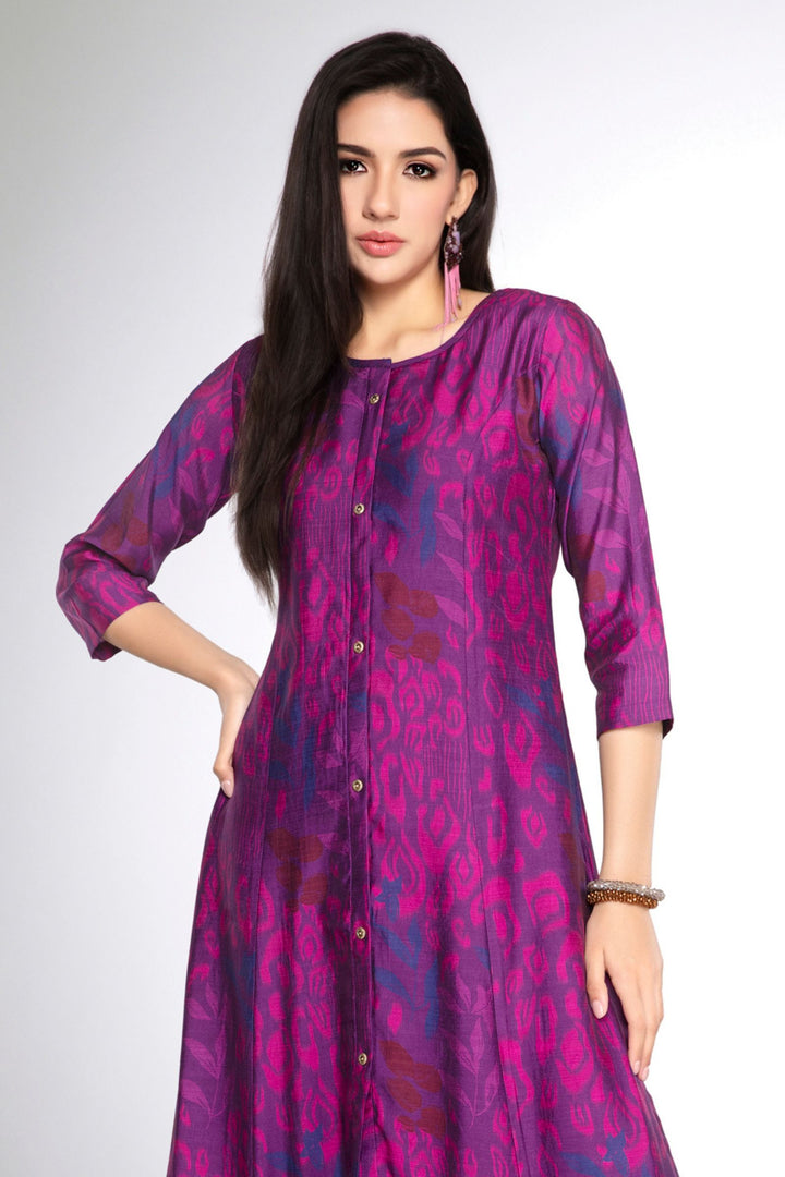 Purple with Digital Print A-line Cut Calf Length Kurti