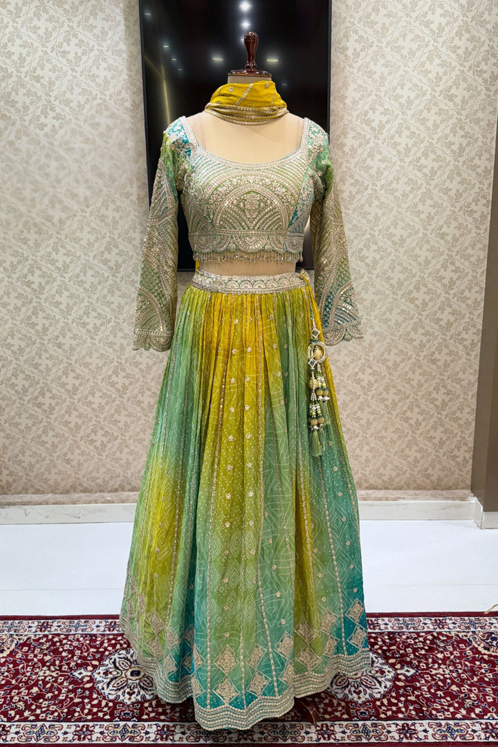 Yellow with Green Sequins, Zari and Beads work with Bandini Print Crop Top Lehenga