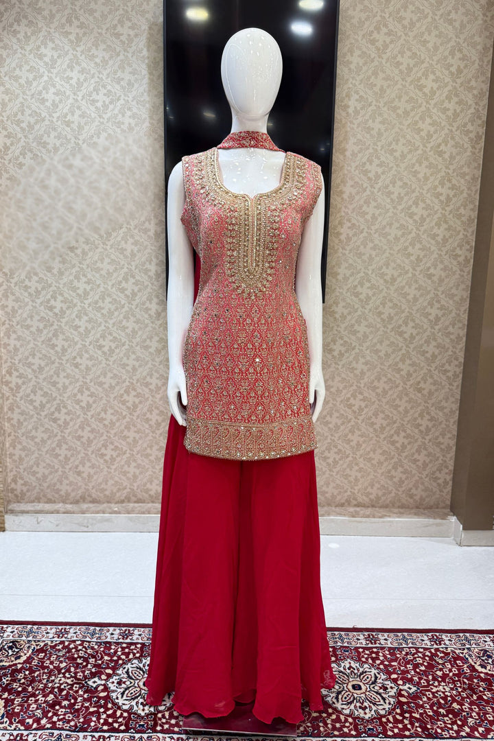 Peach with Pink Mirror, Zari, Sequins and Beads work Palazzo Salwar Suit