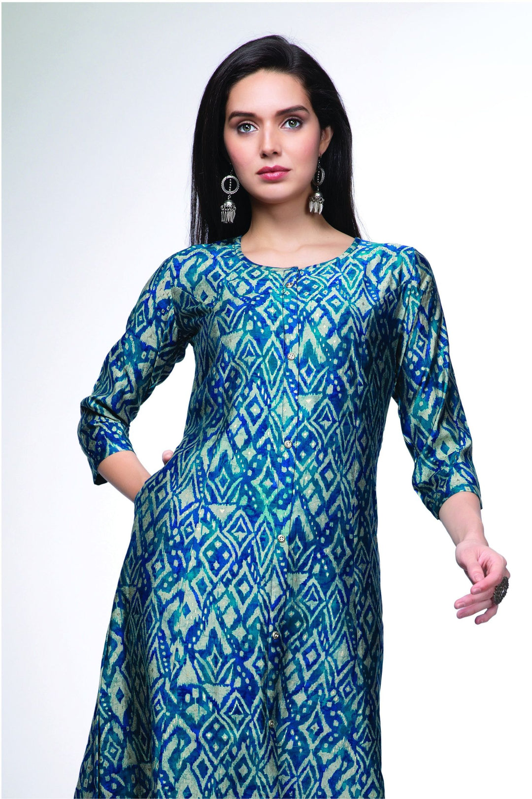 Peacock Blue Digital Print Aline Cut Calf Length Kurti
