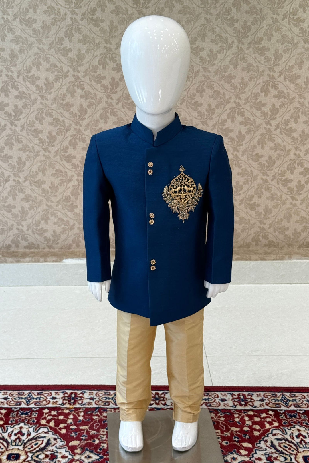 Teal Blue with Gold Zardozi and Zari work Jodhpuri Suit for Boys