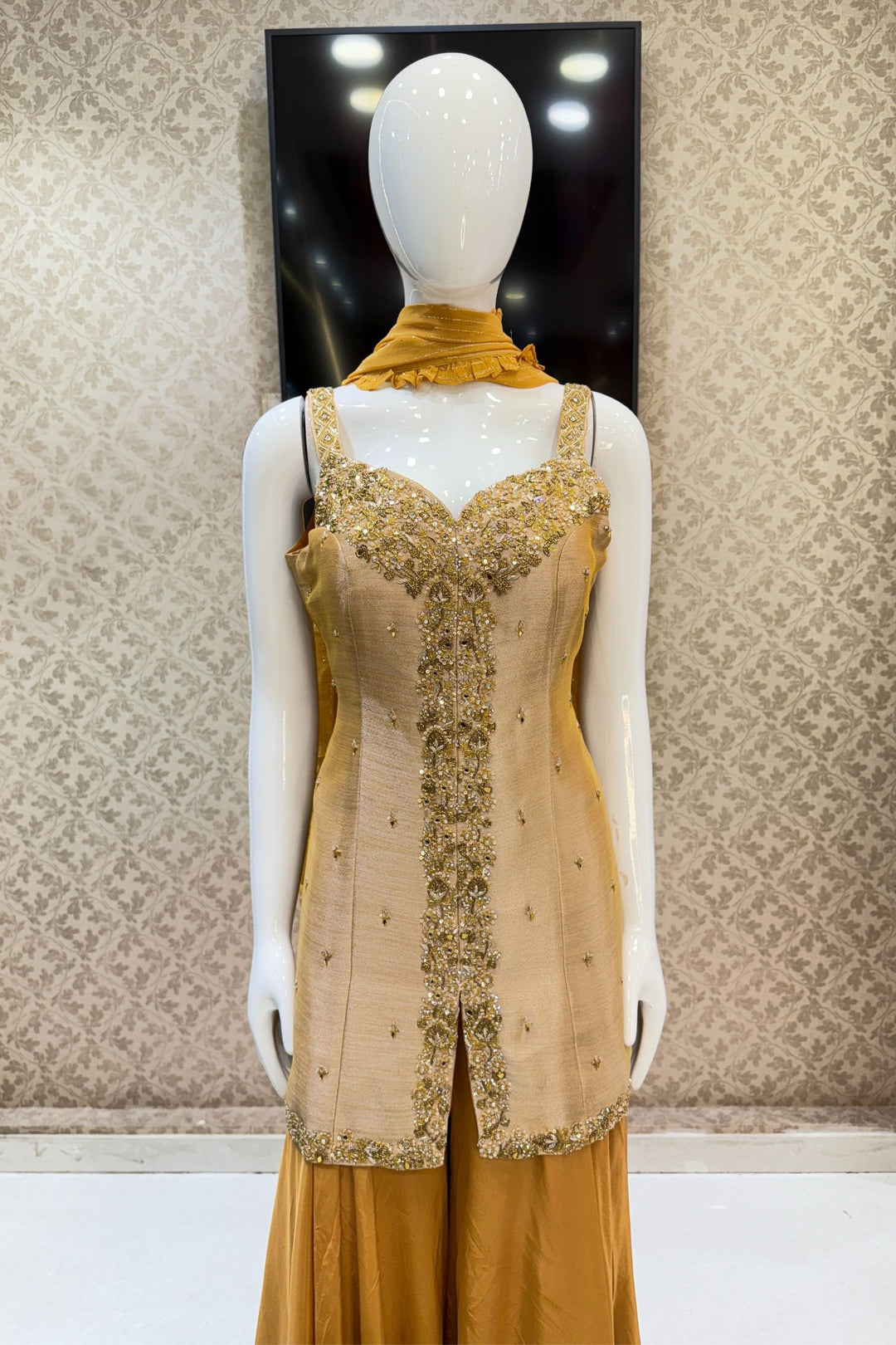 Mustard Beads, Zardozi, Stone and Mirror work Palazzo Salwar Suit