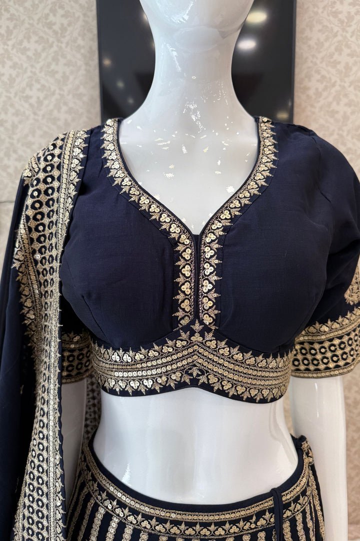 Navy Blue Sequins and Zari work Crop Top Lehenga