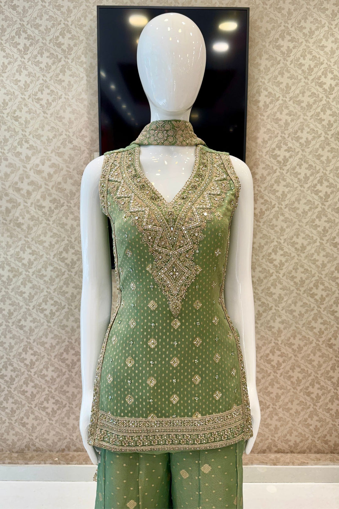 Pista Green Palazzo Salwar Suit with Banaras, Mirror, Zardozi, Zari and Embroidery Detailing