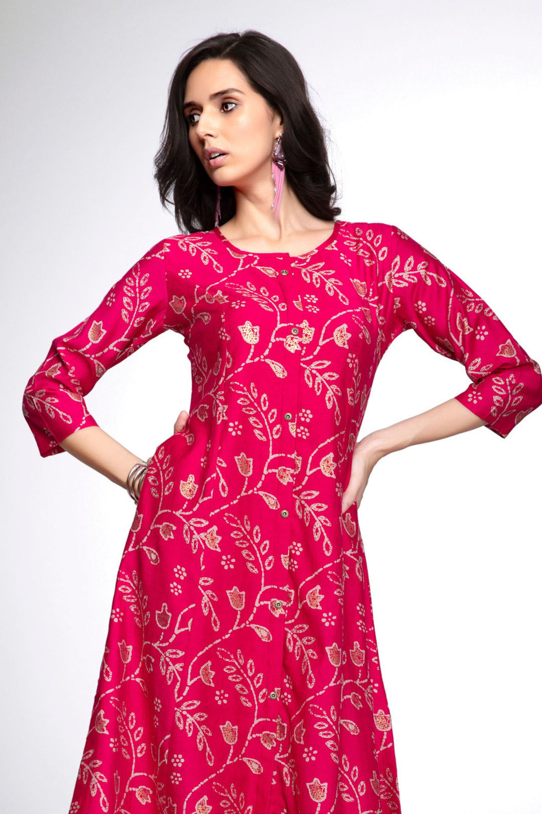 Rani Pink Digital Print Aline Cut Calf Length Kurti